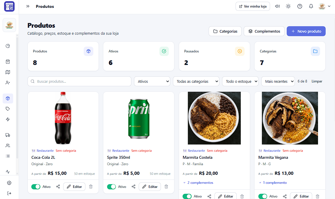 Tela de produtos com busca, filtros e os produtos da loja